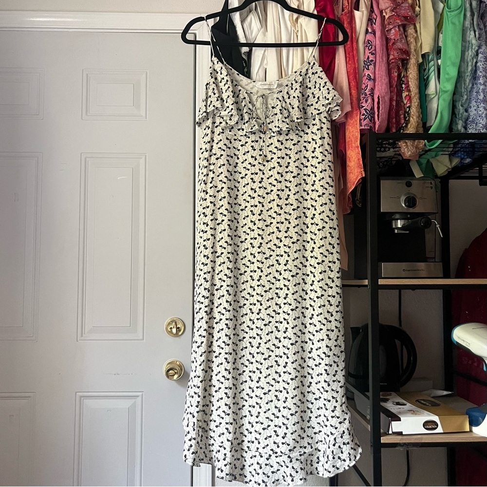 ZIMMERMANN white black silk floral heart print‎ ruffle sleeveless midi dress